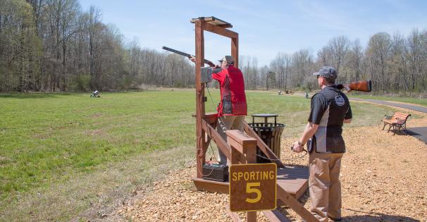 Man shooting skeet at McIvor Shooting Facility
